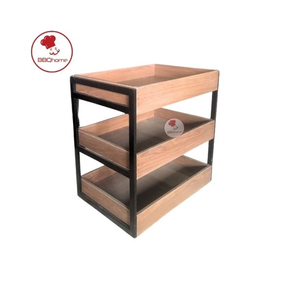 Kệ gỗ 3 tầng, khung sắt, có bánh xe